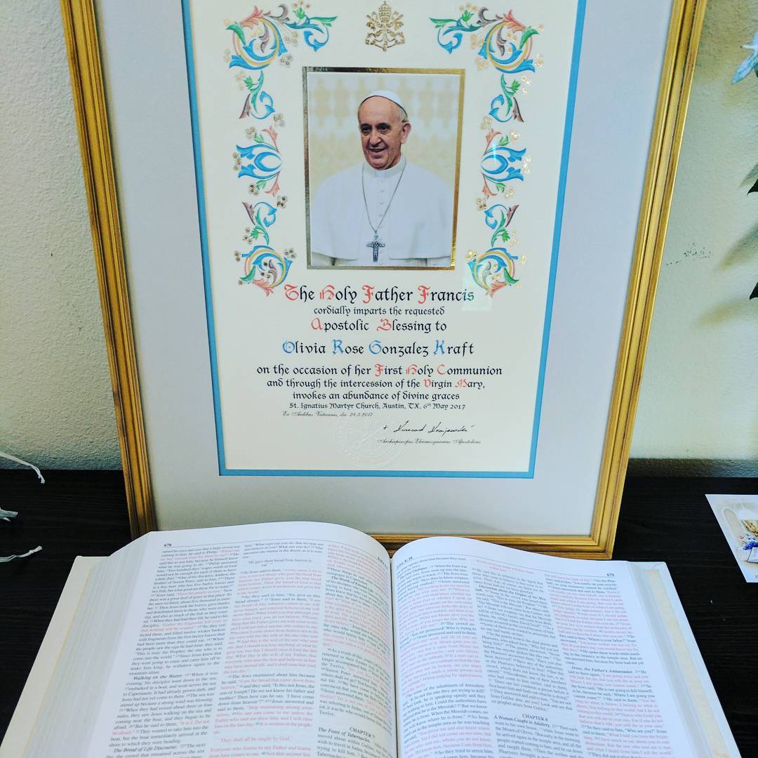 Let’s do a first communion. O’s papal blessing with our family bible opened to John 6
