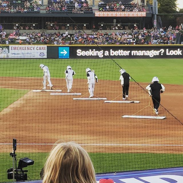 Minor League Baseball is amazing. Star Wars Night so they hired the local Stormtroopers unit as the grounds crew.