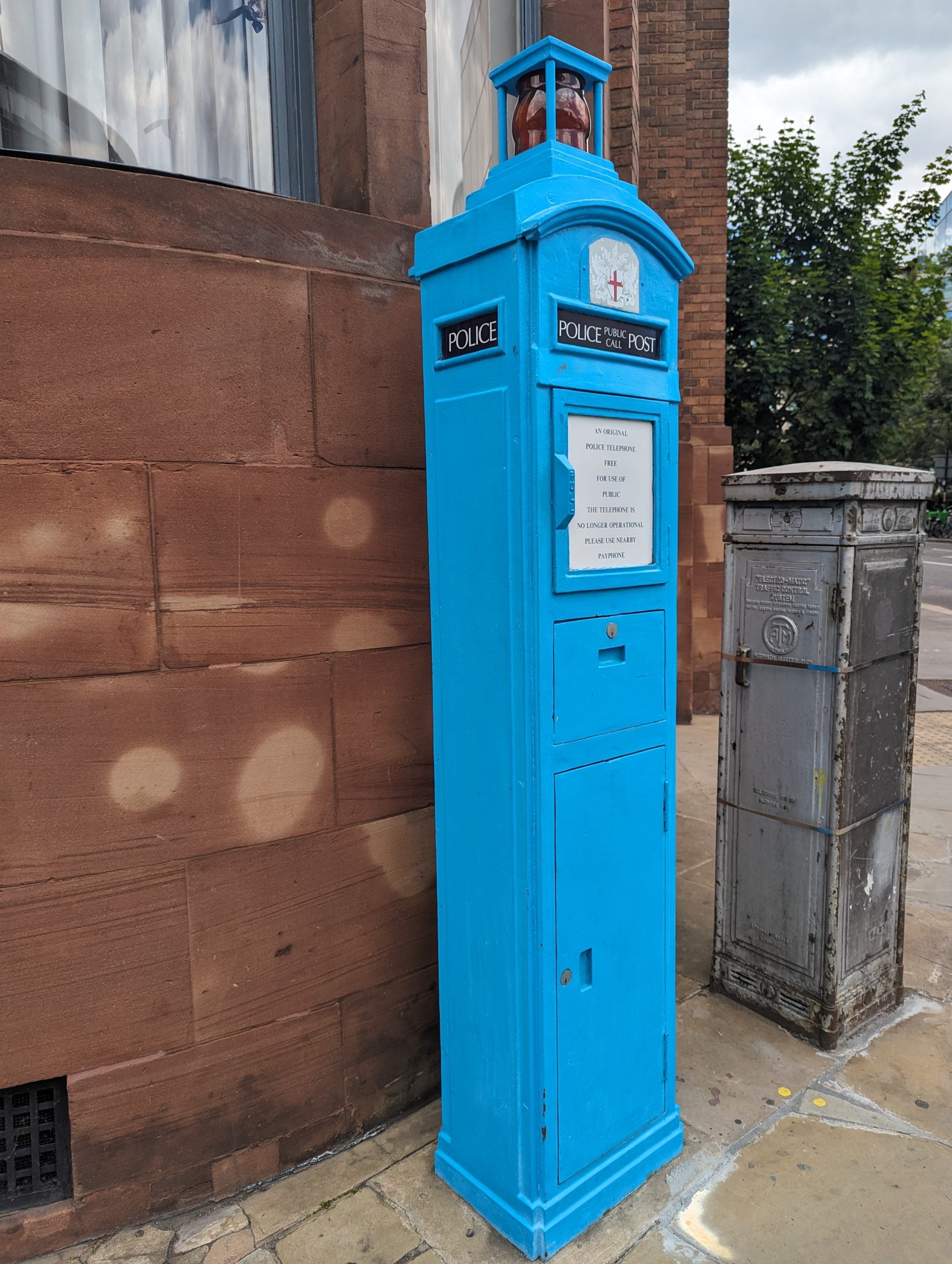 An English police call box, which looks like a small version of the police box still known because of Doctor Who.