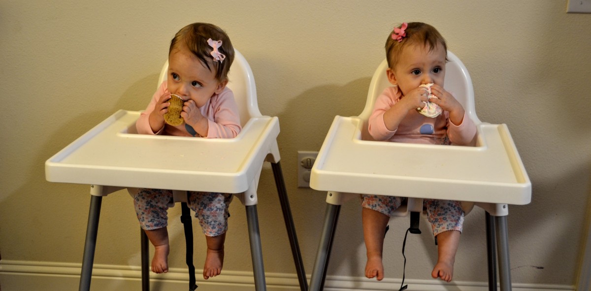 Twin girls eating cupcakes for their first birthday